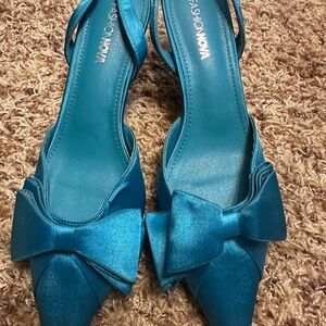 Fashion Nova Teal Satin Bow Pointed-Toe Slingback Heels